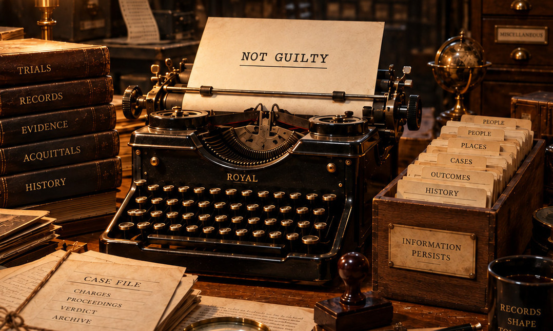 Historic Royal typewriter in an archival records room with a sheet reading NOT GUILTY