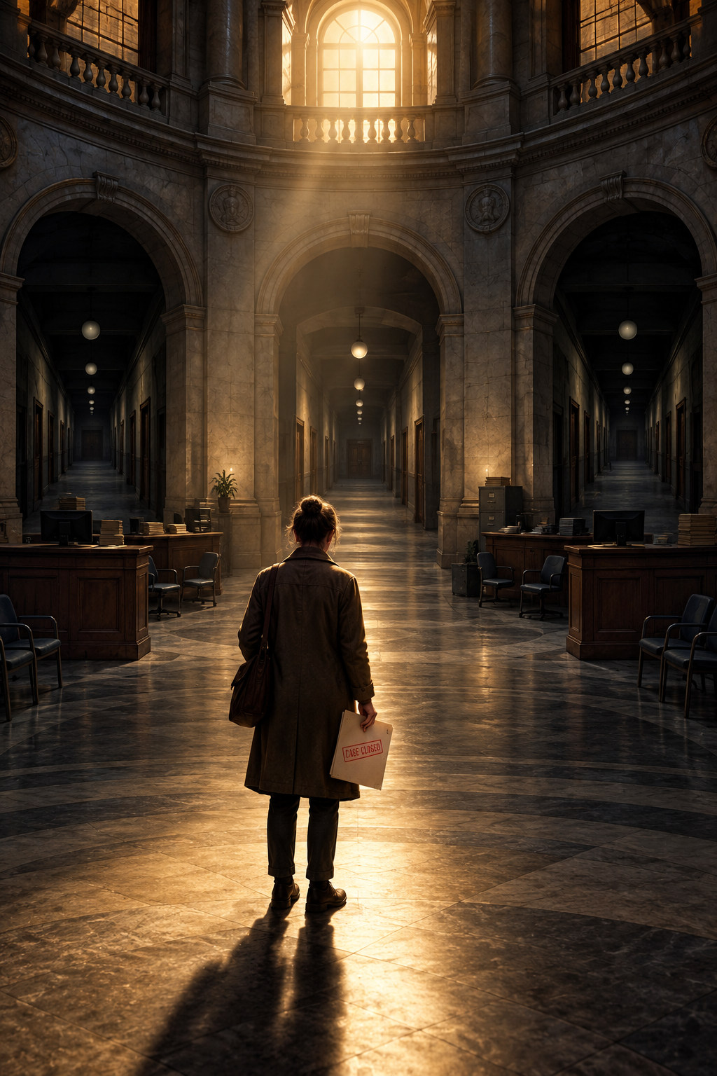 A solitary woman holding a CASE CLOSED file stands in a vast institutional atrium. Branching corridors stretch away as golden light enters through high windows.